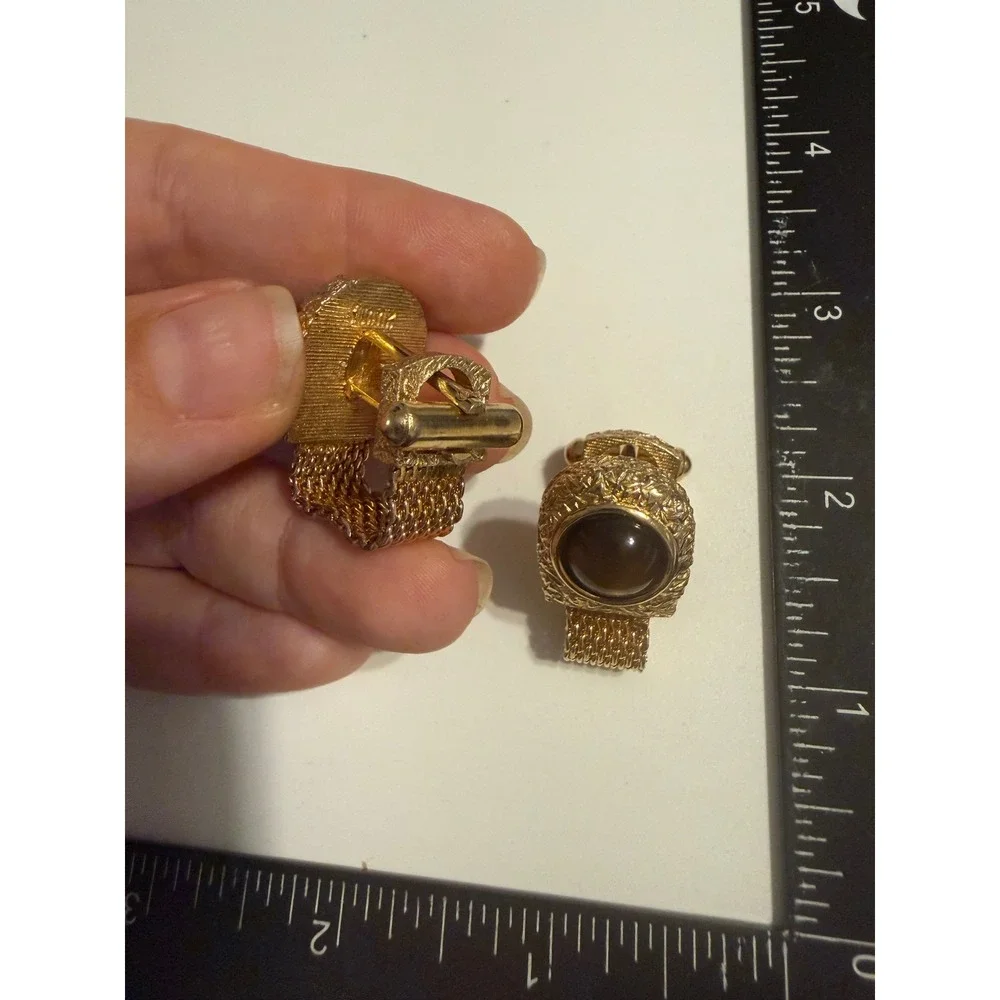Vintage Swank Gold Tone Mesh Wrap Cufflinks Brown Cabochon Mid Century Modern